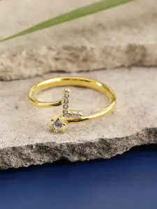 DIAVO 925 Sterling Silver Gold-Plated Cubic Zirconia Studded L Lettered Charm Finger Ring