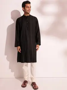 Fabindia Striped Band Collar Long Sleeves Thread Work Regular Straight Kurta