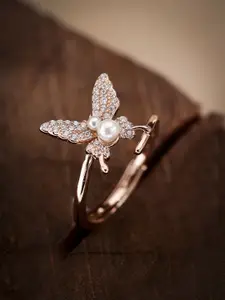 DIAVO Rose Gold Plated 925 Sterling Silver Stones & Beads Studded Adjustable Finger Ring