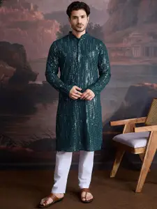 House of Pataudi Geometric Embroidered Sequinned Straight Kurta With Trousers