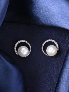 Clara Sterling Silver Rhodium-Plated Contemporary Pearls Studded Earrings