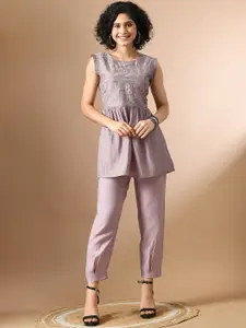 Sangria Mauve Floral Embroidered Top With Trousers
