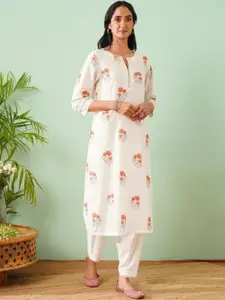 JAYPORE Floral Printed Notch Neck Pure Cotton Regular Straight Kurta