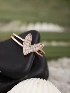 DIAVO 925 Sterling Silver Rose Gold-Plated CZ-Stone Studded Heart Charm Finger Ring