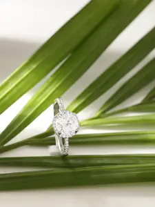 DIAVO 925 Sterling Silver Rhodium-Plated Artificial-Stones Studded Solitaire Crowned Ring