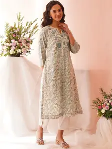 JAYPORE Floral Printed Thread Work Regular Pure Cotton Straight Kurta