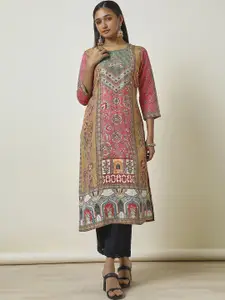 Soch Pink Ethnic Motifs Printed Round Neck Mirror Work Straight Kurta