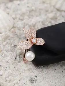 DIAVO 925 Sterling Silver Rose Gold-Plated Stone Studded & Beaded Finger Ring