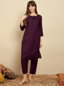 Indo Era Burgundy Floral Embroidered Tie Up Neck Straight Kurta