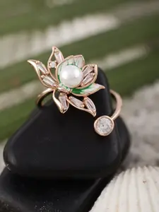 DIAVO 925 Sterling Silver Rose Gold Plated Cubic Zirconia & Pearls Studded Finger Ring