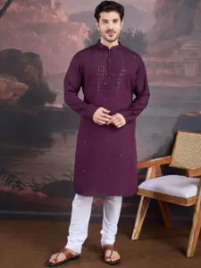 House of Pataudi Ethnic Motifs Embroidered Mandarin Collar Sequinned Straight Kurta