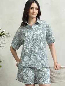 Tokyo Talkies Blue Floral Printed Pure Cotton Shirt & Shorts