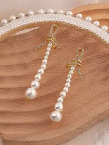 SOHI Gold-Plated Stone Studded & Beaded Contemporary Lucie Drop Earrings
