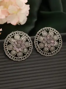 Jazz and Sizzle Silver-Plated Stone Studded Oxidised Textured Floral Studs