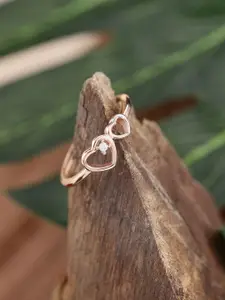 DIAVO 925 Sterling Silver Rose Gold-Plated CZ Studded Dual Heart Charm Finger Ring