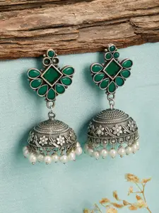 Jazz and Sizzle Silver-Plated Stone Studded & Pearl Beaded Oxidised Dome Shaped Jhumkas