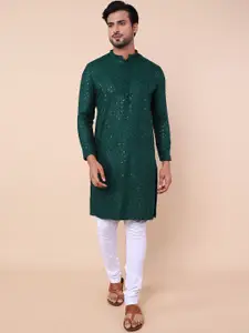 NAMASKAR Ethnic Motifs Embroidered Sequins Silk Straight Kurta