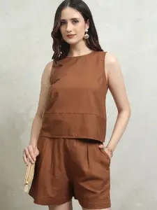 Tokyo Talkies Brown Round Neck Pure Cotton Top With Shorts