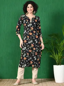 Sangria Floral Printed Notch Neck Pure Cotton Straight Kurta