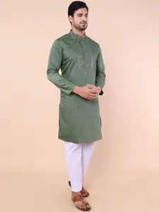 NAMASKAR Floral Embroidered Mandarin Collar Pure Cotton Straight Kurta with Churidar