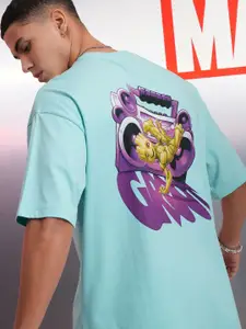 HIGHLANDER Men Aqua Groot Printed Oversized Drop Shoulder Sleeves Cotton Tshirt