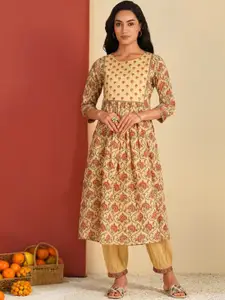 JAYPORE Floral Printed Round Neck A Line Kurta