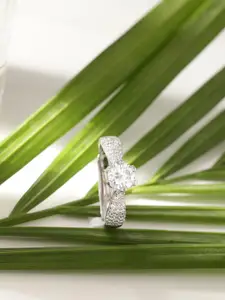 DIAVO 925 Sterling Silver Rhodium-Plated Stone Studded Nova Nestle Finger Ring