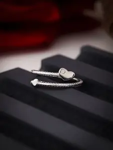 DIAVO Rhodium-Plated 925 Sterling Silver Spiral Dual-Heart Designer Adjustable Finger Ring