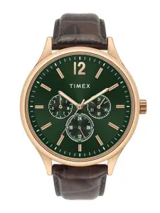 Timex Men Brass Dial & Leather Textured Straps Analogue Multi Function Watch TWEG18434