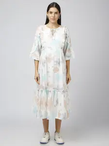 MeeMee Floral Printed Keyhole Neck Applique Formal Fit & Flare Midi Dress