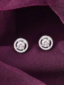 Clara 925 Sterling Silver Rhodium-Plated CZ Studded Halo Round Solitaire Studs Earrings