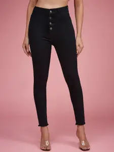 DressBerry Women's Skinny High Rise Cropped Fringed Hemline Solid Stretchable Denim Jeans