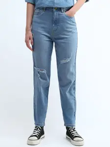 Flying Machine Women High-Rise Low Distress Light Fade Stretchable Straight Fit Jeans