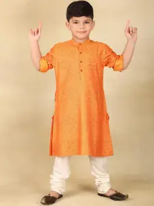 Fabindia Boys Ethnic Motifs Printed Band Collar Roll-Up Sleeves Straight Kurta