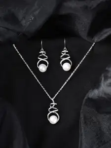 Clara 925 Sterling Silver Rhodium-Plated Stone Studded & Beaded Pendant & Earrings