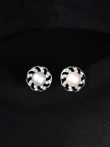 Clara Sterling Silver Rhodium-Plated Contemporary Oxidised Pearls Studded Earrings