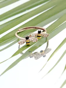 DIAVO 925 Sterling Silver Rose Gold-Plated CZ Studded Honey Bee Charm Finger Ring