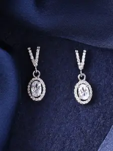 Clara 925 Sterling Silver Rhodium-Plated CZ Studded Halo Oval Solitaire Drop Earrings
