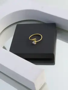 DIAVO 925 Sterling Silver Gold-Plated AD Stone Studded Heartleaf Open Finger Ring