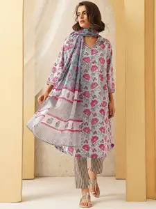 JAYPORE Floral Printed Shirt Collar Sequinned Pure Cotton A-line Kurta