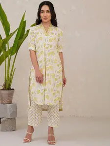 JAYPORE Floral Printed V-Neck Straight Pure Cotton Kurta