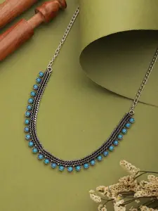 Anouk Blue Silver-Plated Stone-Studded Oxidised Necklace