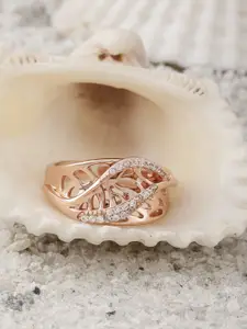 DIAVO 925 Sterling Silver Rose Gold-Plated Stone Studded Finger Ring