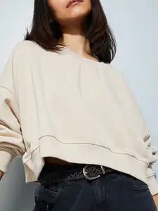 max URB_N Women Solid Boxy Long Sleeves Cropped Sweatshirt