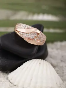 DIAVO 925 Sterling Silver Rose Gold-Plated Stone Studded Finger Ring