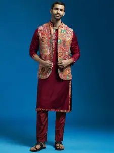 VASTRAMAY Mandarin Collar Thread Work Straight Kurta with Pyjamas & Nehru Jacket