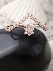 DIAVO 925 Sterling Silver Rose Gold Plated & Stone Studded Finger Ring