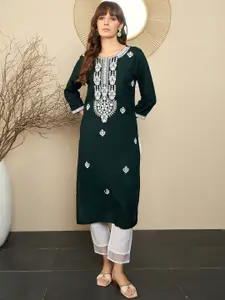 Indo Era Green Floral Embroidered Straight Kurta