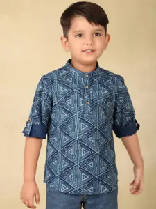 Fabindia Boys Geometric Dabu Printed Band Collar Cotton Straight Kurta