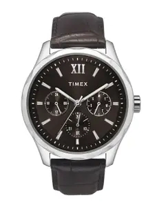Timex Men Brass Embellished Dial & Leather Textured Straps Multi Function Watch TW0TG7633